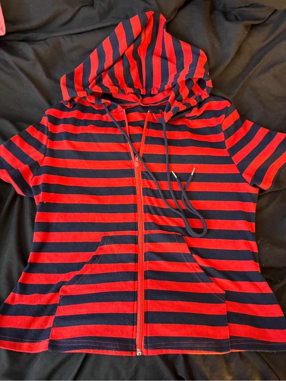Red & Navy Striped Hooded Zip Top